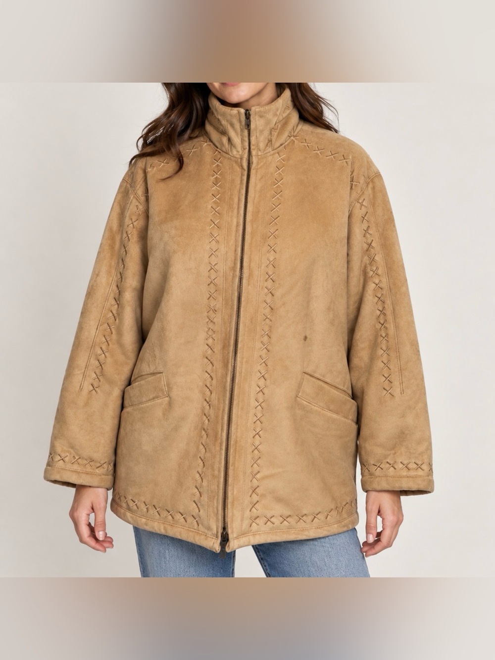 Tally-Ho Outerwear Tan Faux Suede Cross Stitch Jacket Coat Size Medium
